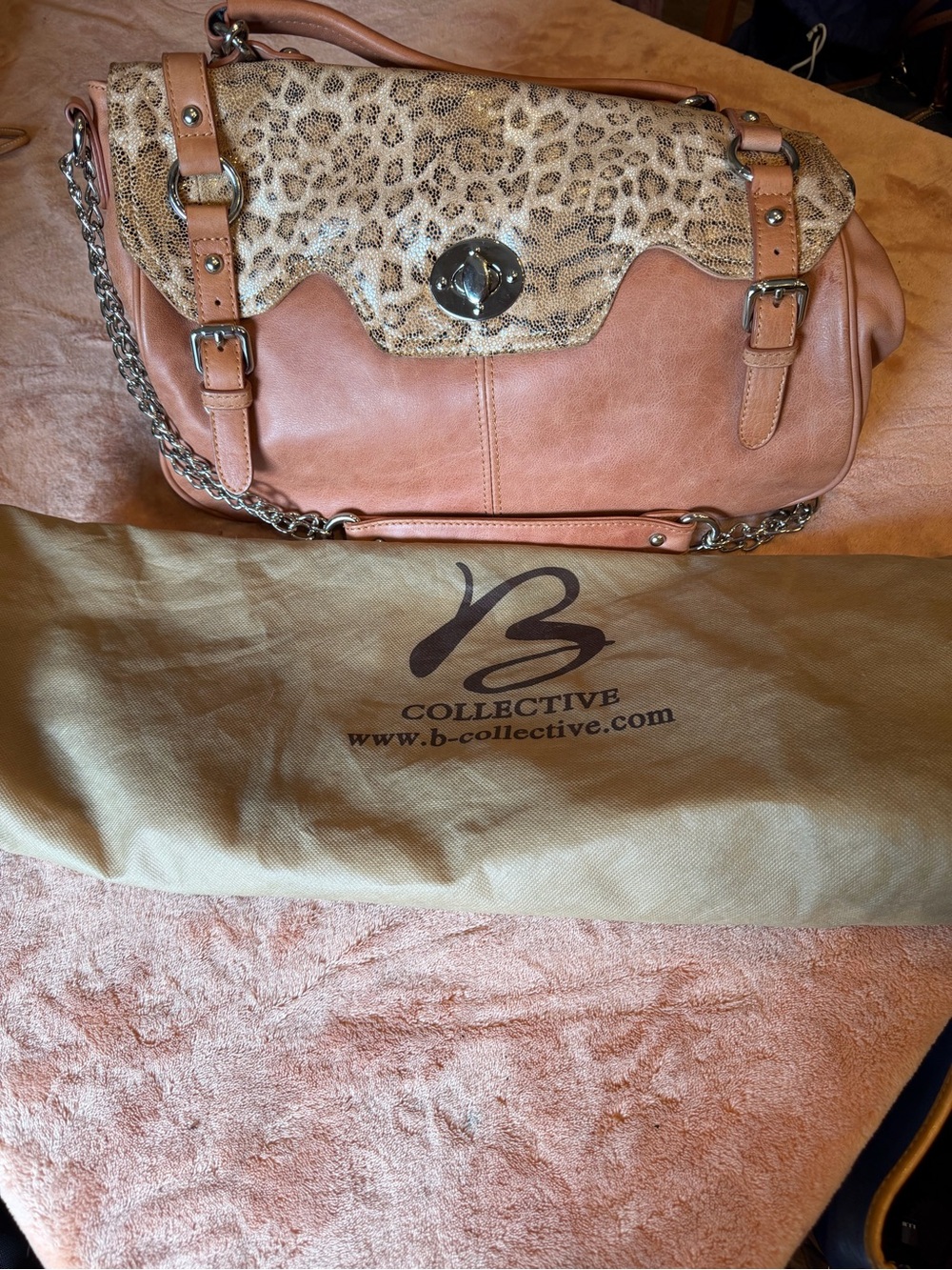 Leopard-Trim Pink Leather Hobo Bag